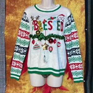 NO BOUNDARIES-Junior’s white ‘BLESSED’ w/bell decor long sleeve crewneck sweater